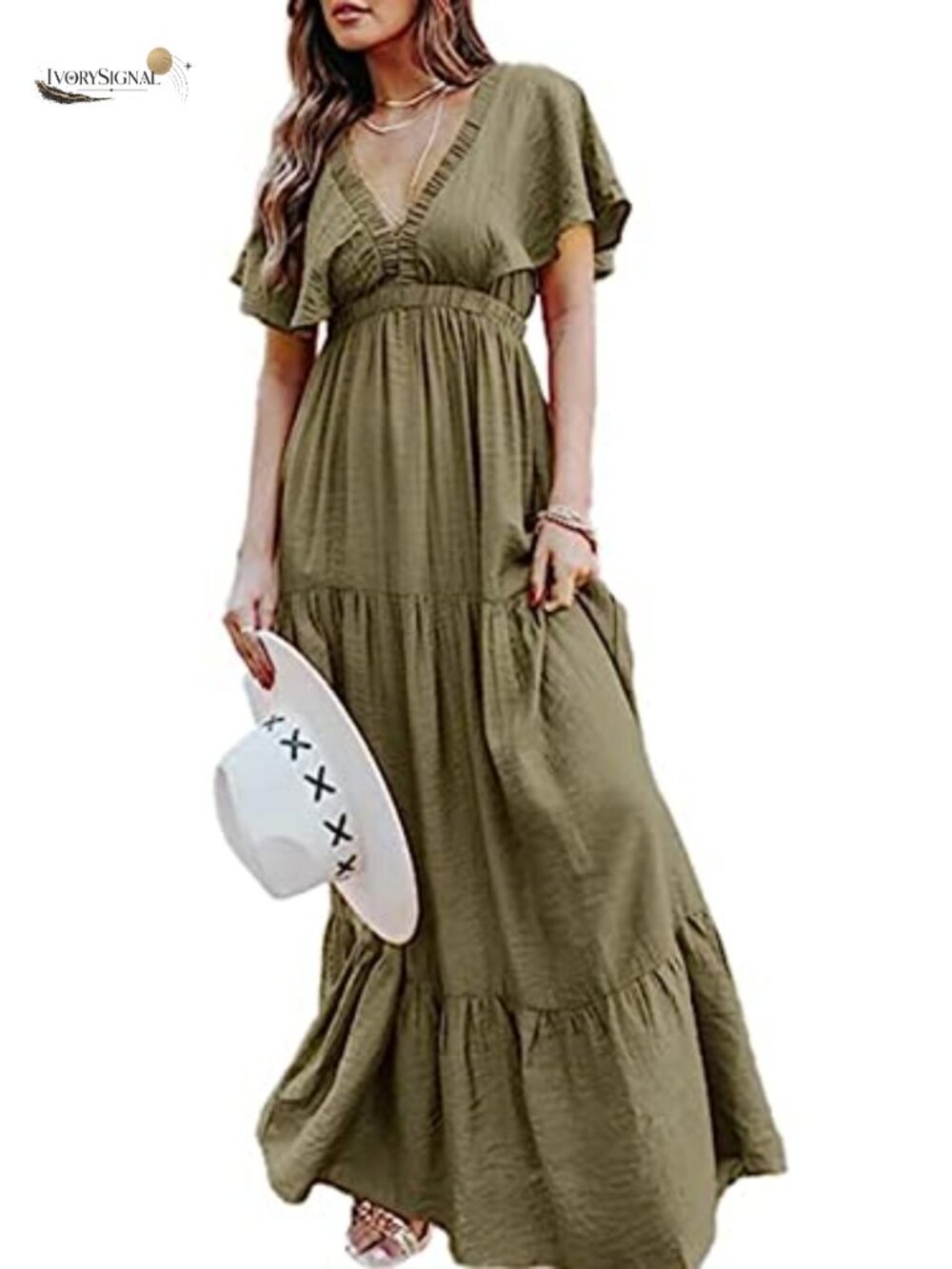Women's Floral V Neck Ruffle Maxi Dress Casual Boho Beach